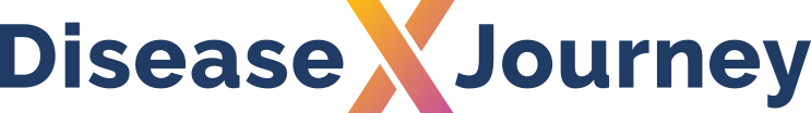 Disease X Journey Logo - Navy blue sans-serif type with enlarged letter X in middle with orange-pink gradient